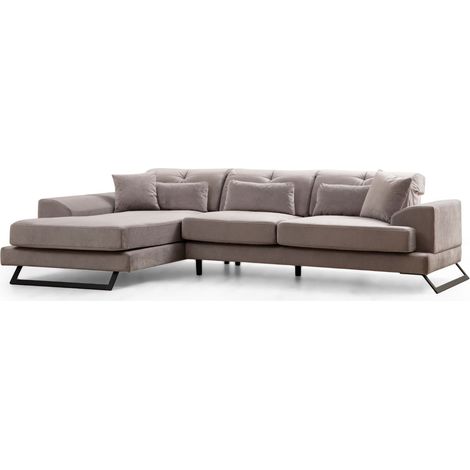 Canapé d'angle gauche velours gris avec têtières relevables et pieds metal noir Briko 308cm (1/5)
