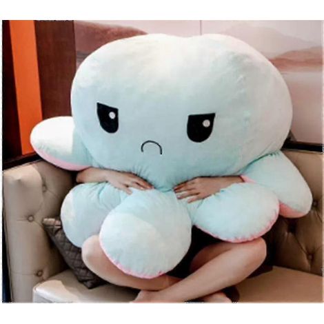 Grande peluche pieuvre à visage réversible, changeant d'humeur du rose au bleu clair Diamètre : 90 cm (à l'intérieur) (1/3)