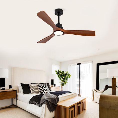 Ventilador de techo con luz, silencioso para salón y dormitorio, 3 aspas de madera maciza, 6 velocidades, 132 cm, nogal oscuro (1/5)