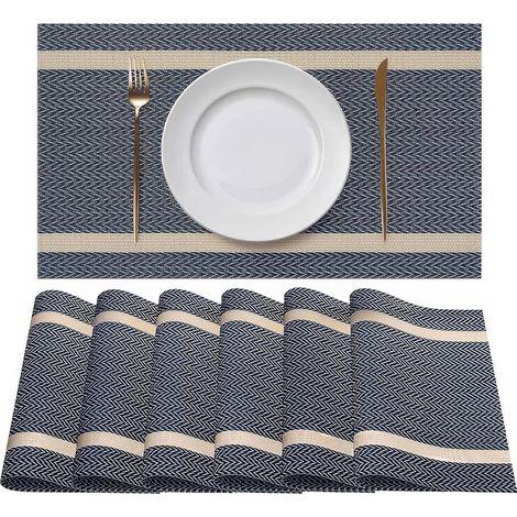 Sets de table PVC rectangulaires lavables et antidérapants, lot de 6, résistants à la chaleur, bleu beige. (1/5)