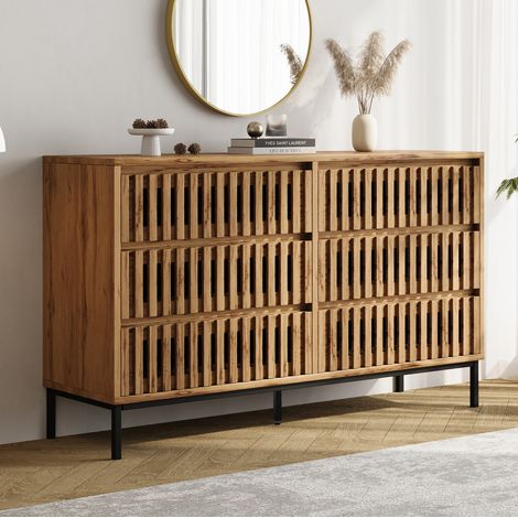 Modernes Sideboard in Naturholzoptik 120 x 40 x 81 cm mit 6 Schubladen und 5 Füßen OKWISH (1/5)