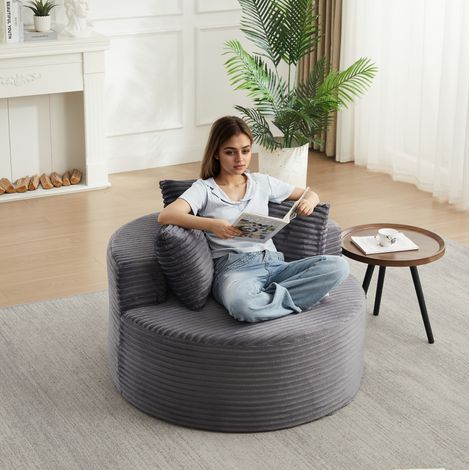Fauteuil lounge rond en velours côtelé gris, 110 x 110 x 82 cm, avec 3 coussins décoratifs HAVRYA (1/5)
