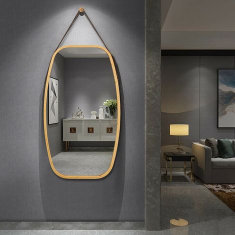 Miroir mural rectangulaire en bambou avec coins arrondis, sangle en cuir réglable et crochet pour chambre et salle de bains (1/5)
