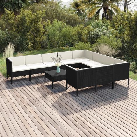 11-tlg. Garten-Lounge-Set mit Auflagen Poly Rattan Schwarz (1/5)