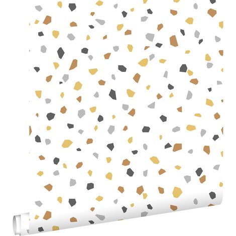 papier peint imitation terrazzo blanc, jaune ocre et gris - ESTAhome (1/5)