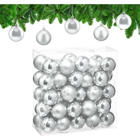 Relaxdays Christmas Baubles, Set of 50, Festive Tree Ornaments, D: 6 cm, Holiday Decorations, Matte & Shiny, Silver (1/5)
