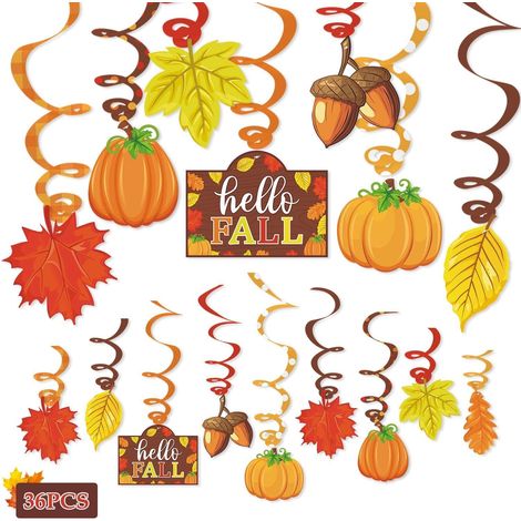 Décorations suspendues en spirale métallisée « Hello Autumn Party » (36 pièces) - Thème citrouille, feuille d'érable et gland Accessoires photo automnaux Guirlandes décoratives à suspendre au plafon (1/5)