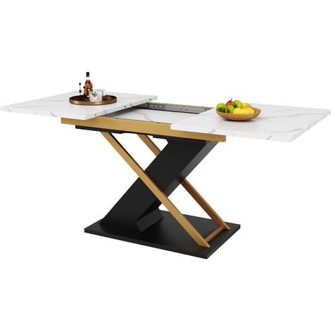 Mesa de Comedor Extensible, 120 a 160 x 80 cm, Efecto Mármol, Patas Cruzadas de Metal, Negra (1/5)