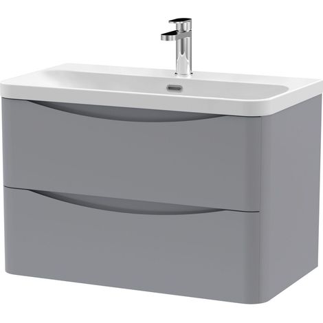 Balterley Dunwood Modern Bathroom Wall Hung 2 Drawer Vanity Unit & Ceramic Basin, Satin Grey, 800mm (1/4)