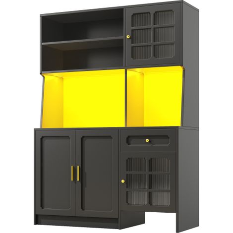 Meuble cuisine 130x45x180cm buffet haut portes vitrées LED noir
