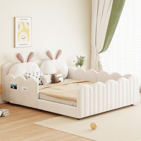 Cama infantil de 140x200 cm con cojín en forma de conejo, barandillas de seguridad, bolsillos laterales de almacenamiento, beige (1/5)