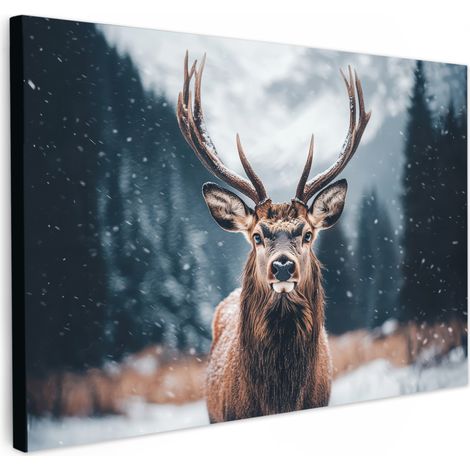 TABLEAU SUR TOILE Chevreuil - Animaux - Paysage - Hiver - Neige Toile Peinture Grand Format XXL 150x100 cm