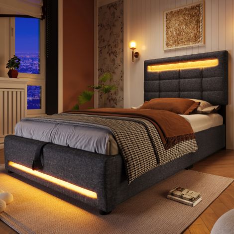 Polsterbett, APP-Fernbedienung, Mit LED-Leuchten, hydraulische Lagerung, ohne Matratze, Mit USB-Buchse, Leinen