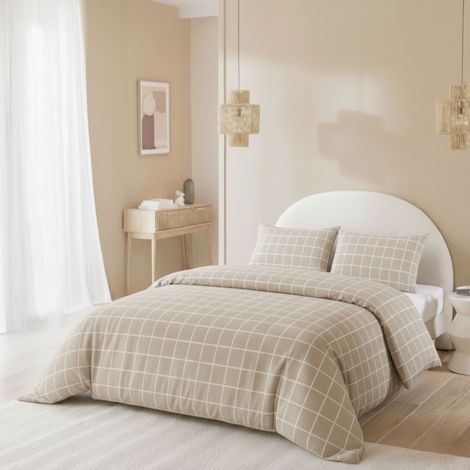 Parure de lit 140x200 flanelle à carreaux beige Terre de Nuit