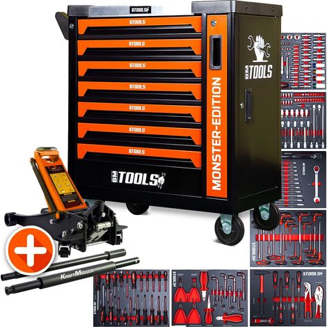 Servante d'atelier BM TOOLS 9/7 MONSTER-EDITION-ORANGE 7 tiroirs pleins 257 outils + Cric hydraulique Kraft Muller 2,25T ORANGE