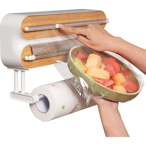3-in-1-Frischhaltefolienspender, Folienschneider, magnetischer Aluminiumfolien- und Frischhaltefolienspender, magnetischer Küchenrollenhalter, Küchen-Wandmontagerollenhalter (Bambus)