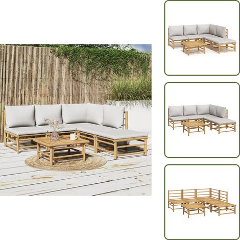The Living Store Salon de jardin 6 pcs avec coussins gris clair bambou - Canapé de jardin (1/5)