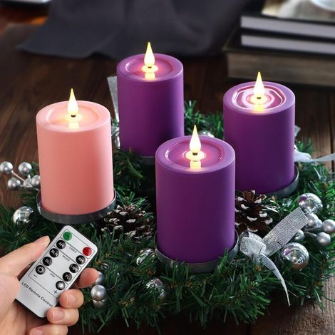 Velas LED sin llama para Adviento, juego de 4 (rosa y morado, 12,7 cm, funcionan con pilas, con mando a distancia, más de 350 horas de duración de la batería, ideales para fiestas navideñas y como dec (1/5)