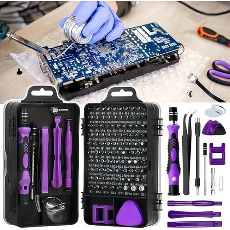 Juego de destornilladores de precisión 115 en 1, Kit reparación profesional magnético antideslizante, Reparación mantenimiento precisos (morado) (1/5)