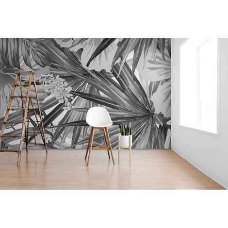 Papier Peint Noir et Blanc - Jungle Illustrée au Charbon - 150 x 250 cm (1/2)