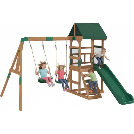 Aire de Jeux portique en Bois - AIYAPLAY - 2 balançoires et Toboggan, Mur d'Escalade, Terrasse Couverte - pour Enfants de 3 à 8 Ans