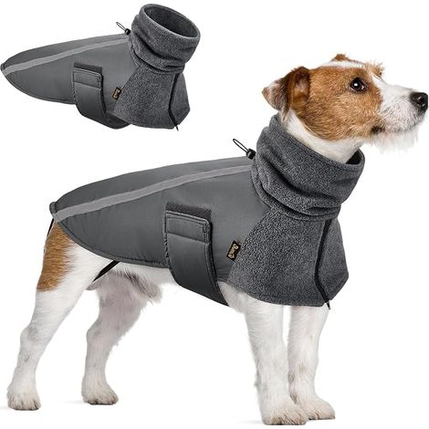 Giacca invernale per cani, giacca calda in pile da esterno per cani con fodera in pile, sciarpa a collo alto, gilet riflettente regolabile e impermeabile per cuccioli (1/2)