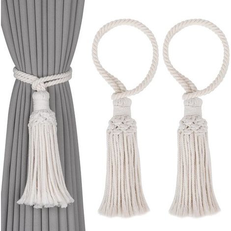 Lazos para cortinas，Algodón tejido a mano estilo bohemio，No requiere taladro，Cordón ajustable，Estilo natural，Beige，2 piezas (1/5)