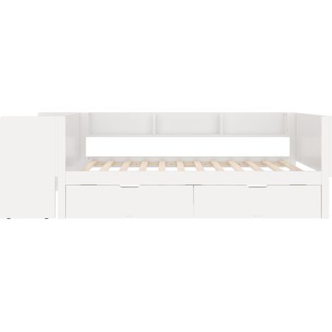 Cama individual 90x200 cm con escritorio, 2 cajones y estanterías, pino y tablero, blanca (1/5)