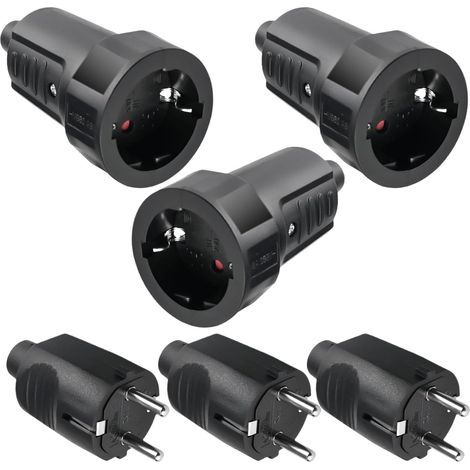 3 Paar Schuko-Stecker – 250 V – 16 A – Schutzart IP44 – Gummi – Verdrehsicherung – 2-polig – Wasserdicht für den Außenbereich – Schwarz – Schuko-Stecker und -Anschluss