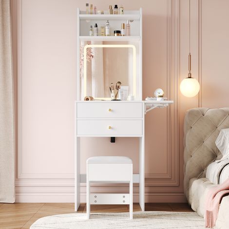 Petite coiffeuse avec éclairage LED réglable, tabouret, deux tiroirs, deux étagères ouvertes et espace de rangement. Le plateau se rabat à 25 cm. Blanche. 75 × 156 × 45 cm (1/5)