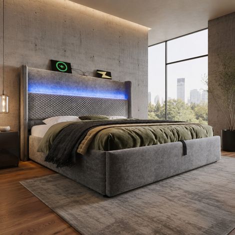 Letto contenitore matrimoniale 140x200 cm, con sollevamento idraulico, LED e USB, in tessuto grigio, senza materasso (1/5)