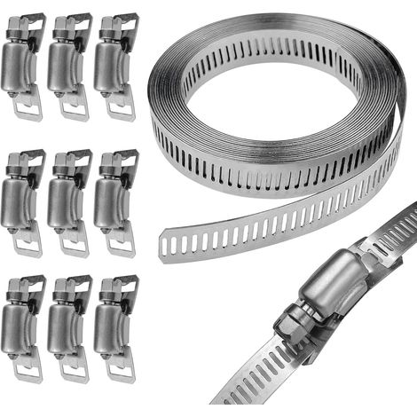 Colliers de Serrage DIY Inox 304, 300cm Bande Perforée en Métal + 10 Pièces Colliers de Serrage Métallique pour Tuyaux, Machine à Laver, Piscine, Jardin, Voiture (1/5)