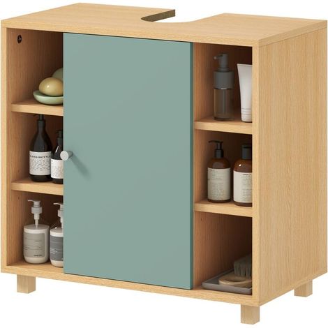 Meuble sous lavabo, meuble de salle de bain avec 6 étagères ouvertes et porte à fermeture amortie 60 x 33 x 57 cm, vert (1/5)