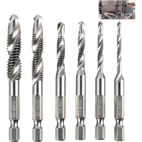 Set Pièces Forets Taraudeurs Combinés, M3 M4 M5 M6 M8 M10, Foret-Taraud avec Hexagonal pour Métal, Bois et Plastique (1/5)