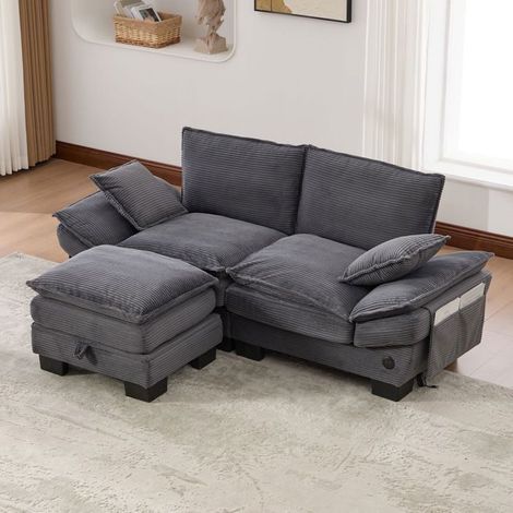 Canapé d'angle - SOGEU - 190x132x84 - Velours côtelé beige - Pouf coffre - Port USB-C (1/5)