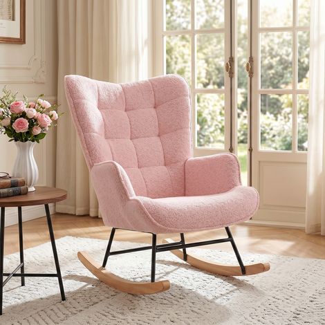 BLANKETSWARM – Fauteuil à bascule scandinave – Rocking chair avec accoudoirs rembourrés – Dossier haut ergonomique – Support lombaire – Chaise berçante Rose