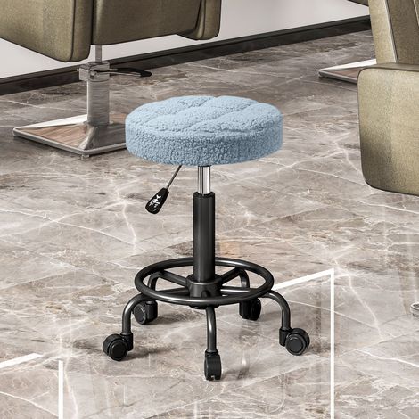 Taburete Giratorio Redondo Taburete con Ruedas Altura Regulable 50-66 cm Asiento Tapizado en Tejido de Borreguito Azul (1/5)