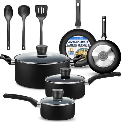 Batterie de Cuisine 11 Pièces Antiadhésive – Casseroles, Poêles et Faitout Durables avec Couvercles et Ustensiles, Compatible Gaz, Électrique, Vitrocéramique, Idéale pour Cuisine Familiale (1/5)