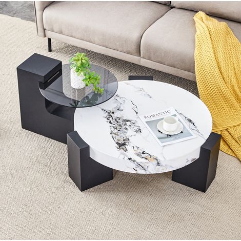 Set de tables d’appoint 61x61x30/44x44x44 cm blanc et noir en MDF et verre, design gigogne démontable (1/5)