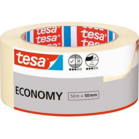 tesa Nastro per Mascheratura ECONOMY EcoLogo - Nastro in Carta per Mascheratura, Rimozione senza Residui per 4 Giorni, senza Solventi - Sottile, 50 m x 50 mm (1/4)
