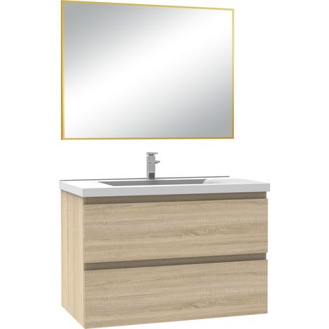 Acezanble Meuble de Salle de Bain 80cm Chêne Wotan Ensemble de 3 Pièces Meuble avec Lavabo +Miroir