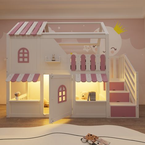 Lit superposé enfant 90x200 cm cabane avec toit fenêtres LED échelle rangement étagères, lit mezzanine bois blanc rose design ludique chambre enfant (1/5)
