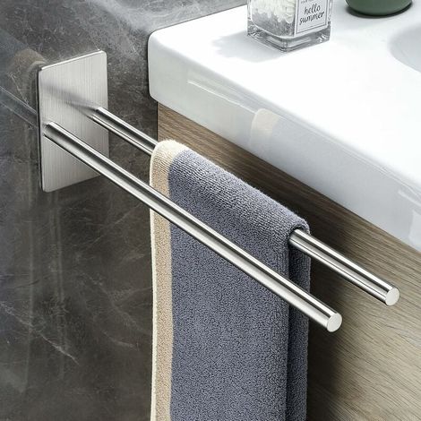 Porte-Serviettes Double Acier Inoxydable 304 Salle de Bain, Fixation Murale Sans Perçage Autocollante, Argenté 38cm, Pour Cuisine (1/5)