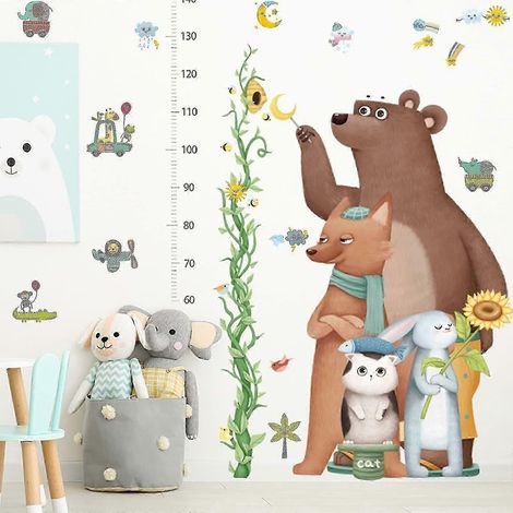 Toise de croissance pour bébé, stickers muraux animaux pour enfants, ours mignon, lapin, chat, renard, plantes vertes, papier peint autocollant pour enfants (1/5)