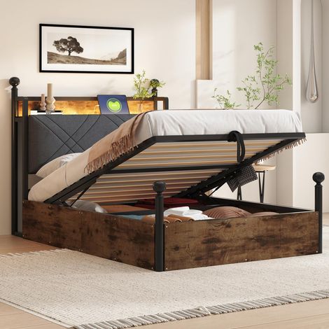 Lit simple 90 x 190 cm avec rangement hydraulique, baldaquin en fer, led et ports usbtype-c, noir (1/5)