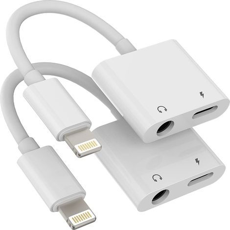Câble répartiteur Lightning vers jack 3,5 mm 2 en 1 (lot de 2) - Connecteur audio pour chargeur - Adaptateur AUX pour iPhone - Câble dongle (1/5)
