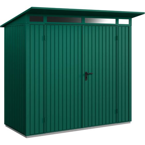 Hörmann Metall-Gerätehaus Berry Classic mit Pultdach Typ 1, 248 x 153 cm, moosgrün, 3,8 m², 2-flüglige Tür (1/5)