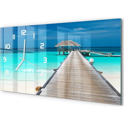 Horloge Murale Panoramique Moderne 60x30 cm Verre Trempé Sans Tic-Tac Passerelle en bois (1/5)
