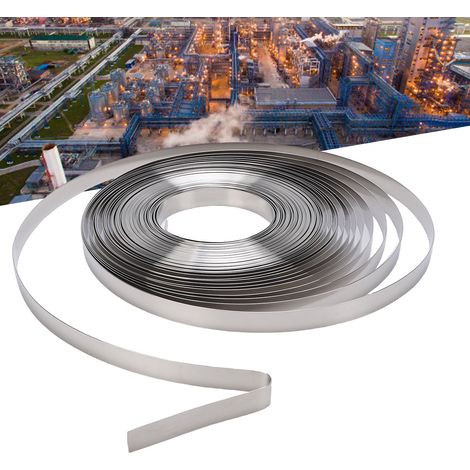 Bobine de feuillard en acier inoxydable de 30,5 m (100 pi) de longueur, 19 mm (3/4 po) de largeur et 0,5 mm (0,02 po) d'épaisseur. Feuillard d'emballage robuste. (1/5)