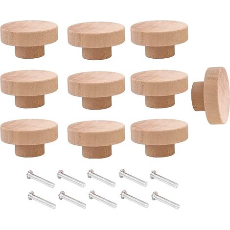 Set of 10 round, unfinished wooden drawer knobs, 50 mm in diameter, for furniture, cabinets, and chests of drawers. (1/5)